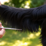 Nahaufnahme beim Kürzen der Rutenbehaarung eines schwarzen Flat Coated Retrievers mit einer Effilierschere